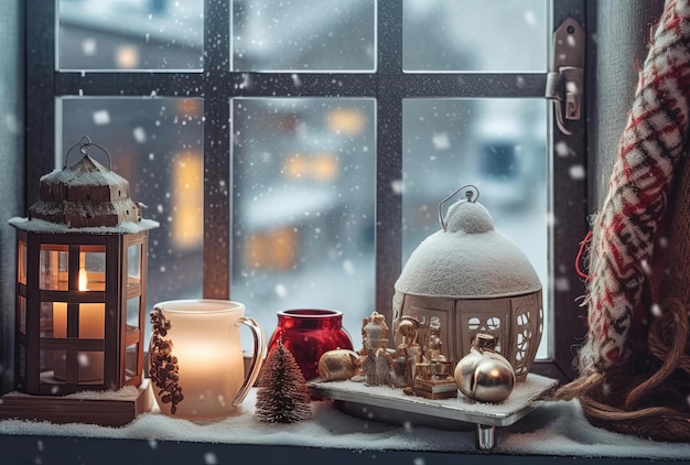 Scena świąteczna z dekoracjami świątecznymi na parapecie zimowym
