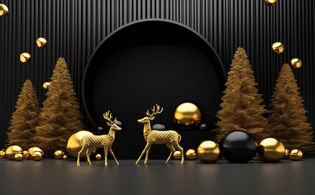 Scena świąteczna z jeleniami i drzewami.