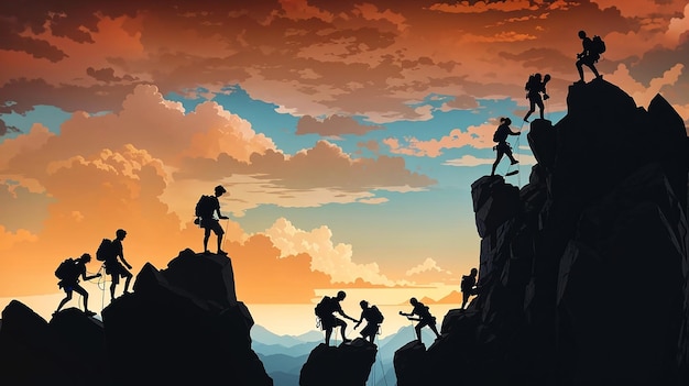 Scena sylwetki z ludźmi wspinającymi się po skale