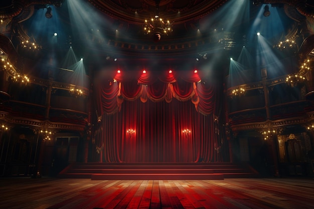 Scena teatralna z czerwonymi zasłonami i reflektorami Szkołowa scena w jasnym tle