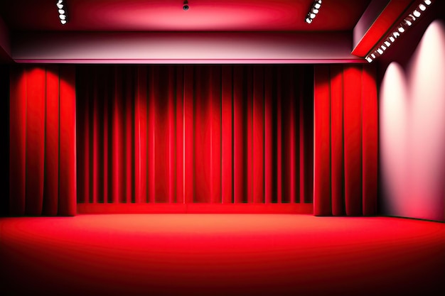 Scena teatralna z czerwonymi zasłonami i reflektorami