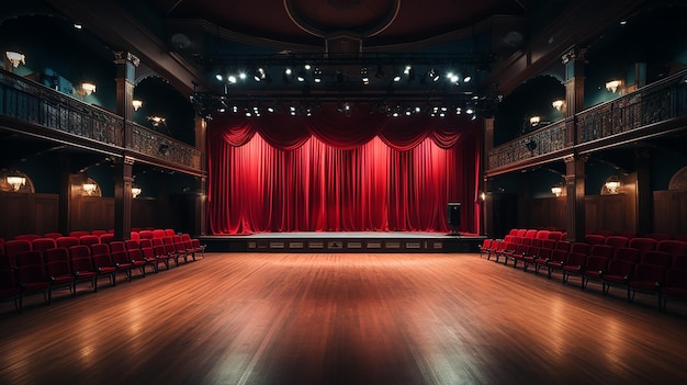 Scena teatralna z drewnianymi krzesłami podłogowymi z czerwoną kurtyną i oświetleniem generatywnym AI