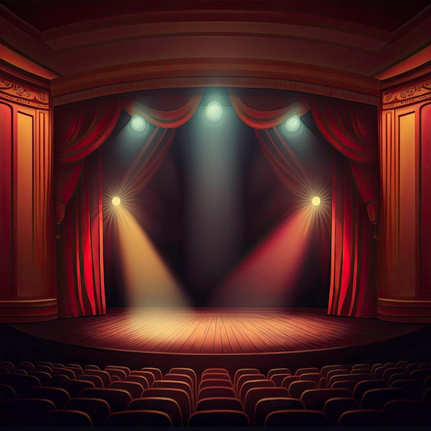 Scena teatru z czerwoną kurtyną i światłami.