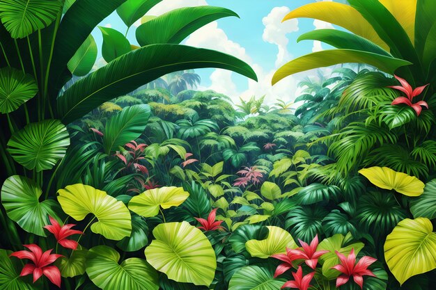Scena Tropikalnej Dżungli Z Zieloną Rośliną Liściastą I Błękitnym Niebem.