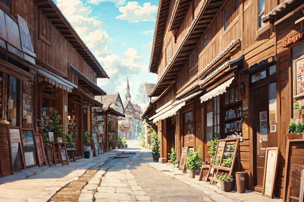 Scena uliczna z drewnianym budynkiem