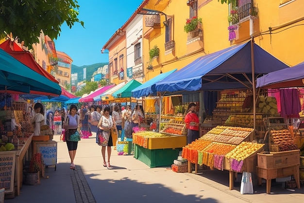 Scena uliczna z kobietą sprzedającą owoce i warzywa