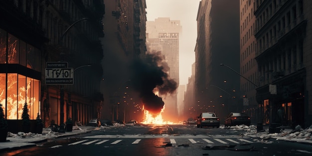 Scena uliczna z płonącym ogniem w środku miasta.