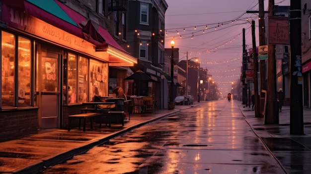 scena uliczna z restauracją i światłem ulicznym.