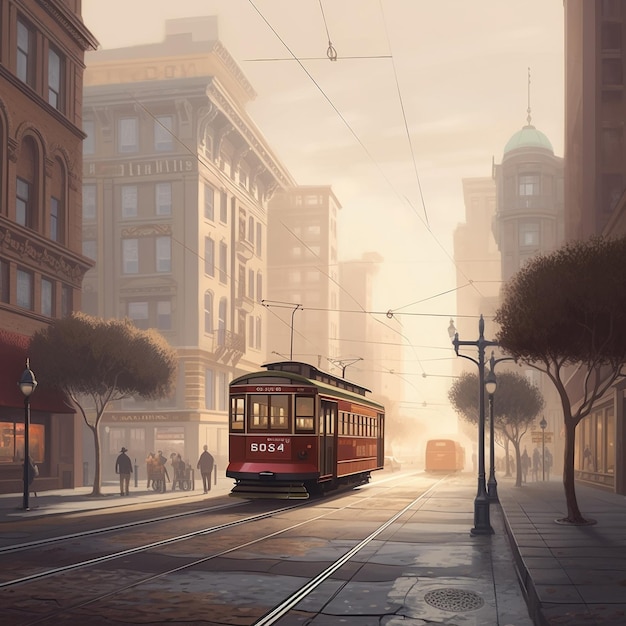 Scena uliczna z tramwajem biegnącym ulicą.
