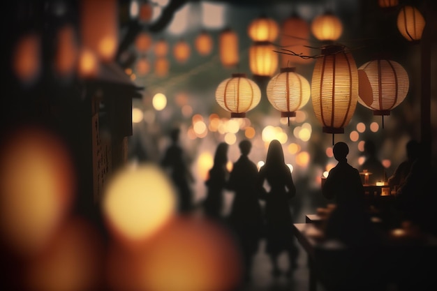Scena uliczna ze sceną uliczną z latarniami i ludźmi idącymi w tle.