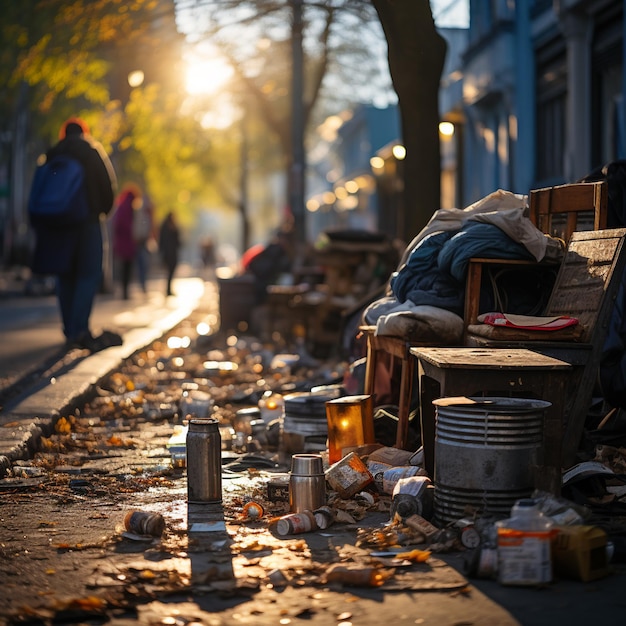 Scena uliczna ze stosem śmieci i lampą na chodniku.