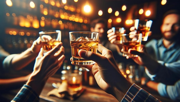 Scena uroczystości pokazująca ręce trzymające kieliszki whisky w toście