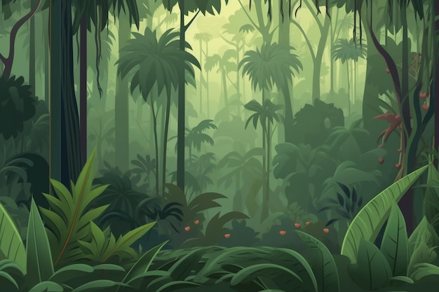 Scena w dżungli z zielonym drzewem pośrodku i czerwonym kwiatem na dole.