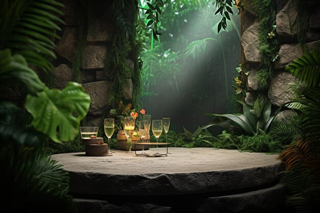 Scena w dżungli ze stołem ze szklankami i świecami.