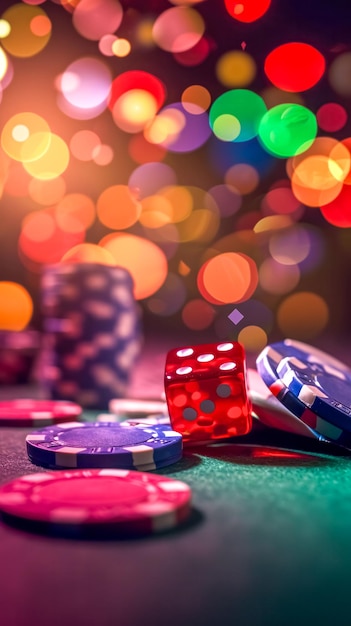 Scena w kasynie z naciskiem na czerwone kości i żetony hazardowe ustawione na kolorowym tle bokeh