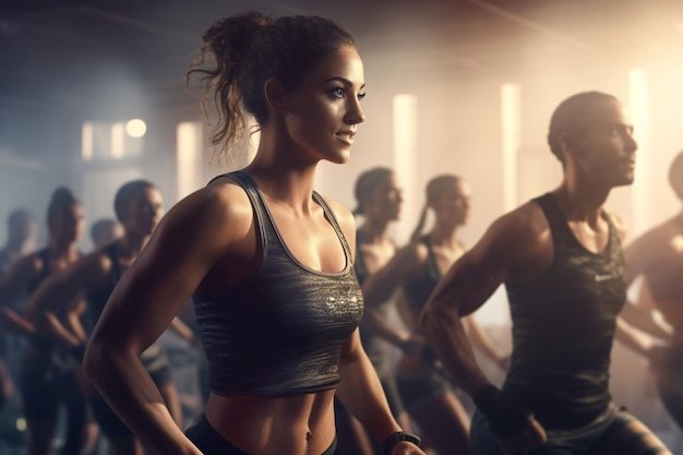 Scena w klasie fitness z energicznymi uczestnikami Generative ai