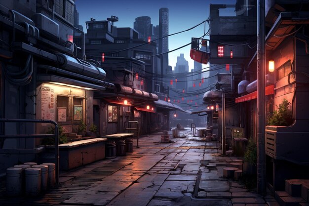 scena w stylu anime przedstawiająca ulicę z latarniami i ławką generatywną AI