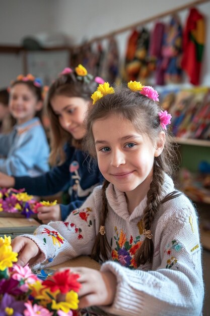 Zdjęcie scena w szkole, gdzie dzieci tworzą martisor