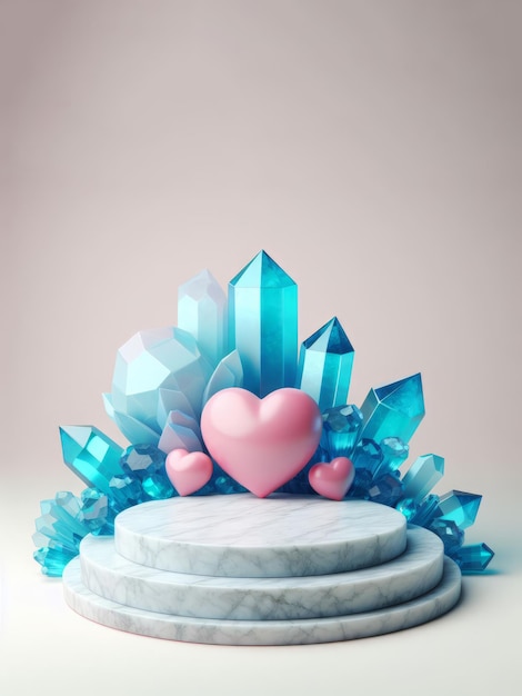 Zdjęcie scena walentynka 3d renderowanie marmurowe podium z niebieskim kryształem różowe serce ai generowane