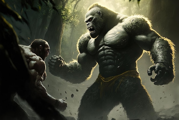 Scena walki z gorylą w dżungli