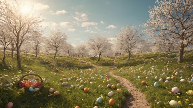 Scena wielkanocna z ścieżką prowadzącą do kosza z malowanymi jajkami