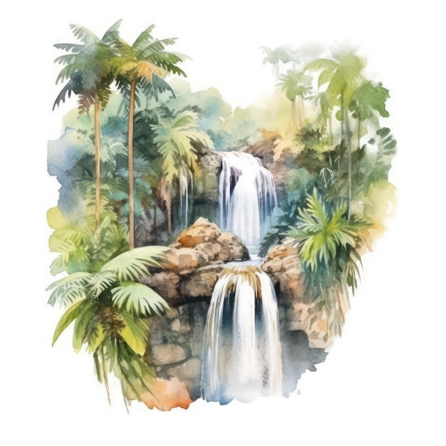 scena wodospadu z wodospadem i palmami.