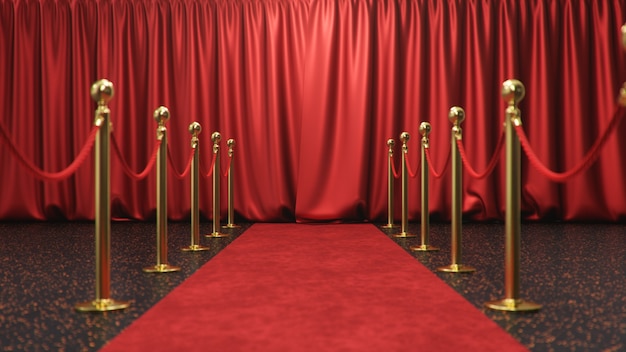 Zdjęcie scena wręczenia nagród z zamkniętymi czerwonymi zasłonami. czerwony aksamitny dywan między złotymi barierami. scena teatralna