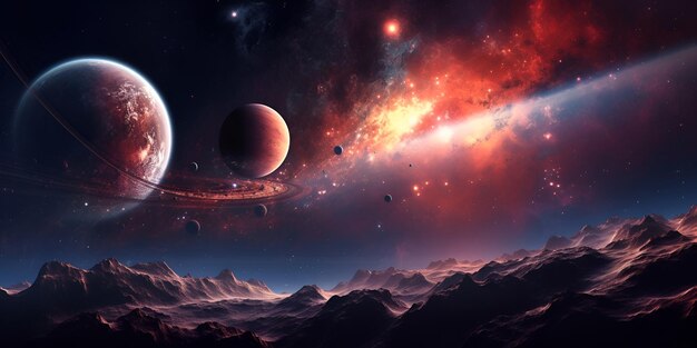 Scena wszechświata z planetami, gwiazdami i galaktykami w kosmosie generowana przez sztuczną inteligencję