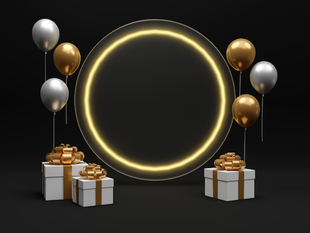 Zdjęcie scena z białymi i złotymi pudełkami prezentowymi i balonami renderowania 3d
