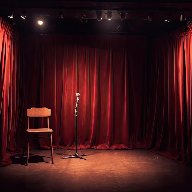 Scena z czerwoną zasłoną i krzesłem na tle sceny