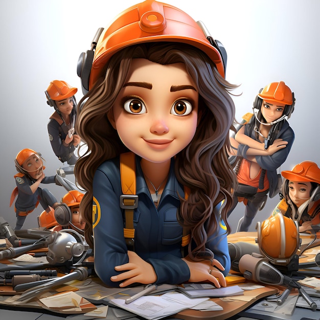 Zdjęcie scena z kreskówką z dziewczyną budowniczą i robotnikami budowlanymi ilustracja dla dzieci