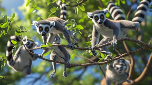 Scena z kreskówki gałęzie drzewa drżą, gdy lemury tworzą prowizoryczną trampolinę