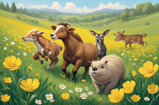 Scena z książki dla dzieci Zwierzęta bawiące się na polu Buttercup Ilustracja