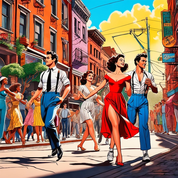 scena z musicalu przypominającego West Side Story w stylu rysunków Al Hirschfieldsa z pogrubionym li