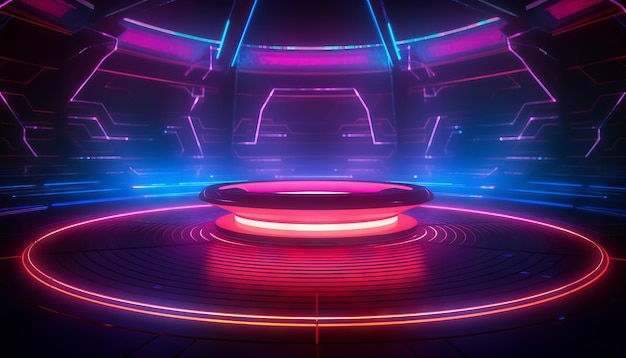 Scena z neonowymi świecącymi gradientami i żywymi wiązkami laserowymi w kolorach fioletowym, niebieskim i czerwonym Generative ai