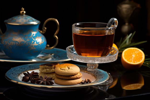 Scena z niebieską filiżanką herbaty
