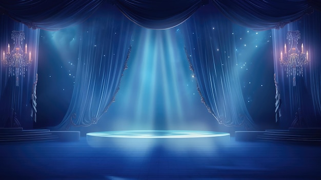 Scena z oświetleniem Scena na podium z ceremonią wręczenia nagród na niebieskim tle