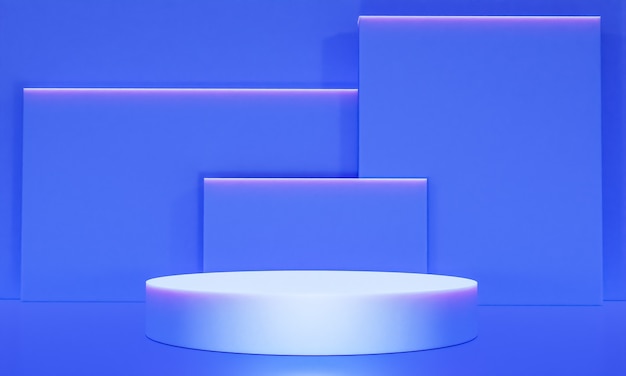 Scena z podium w kolorze niebieskim do prezentacji makiety w stylu minimalizmu z przestrzenią do kopiowania, 3d renderowania abstrakcyjnego projektu tła