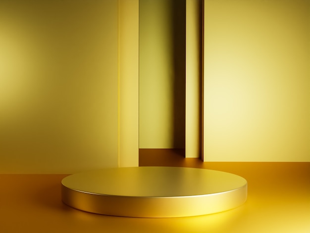 Scena z podium w kolorze żółtym do prezentacji makiety w stylu minimalizmu z przestrzenią do kopiowania, 3d renderowania abstrakcyjnego projektu tła