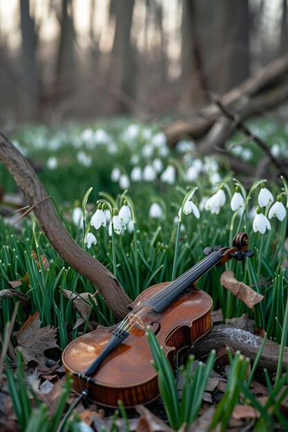 scena z strunami Martisor splecionymi między świeżo kwitnącymi kwiatami wiosennymi jak śnieżki i c