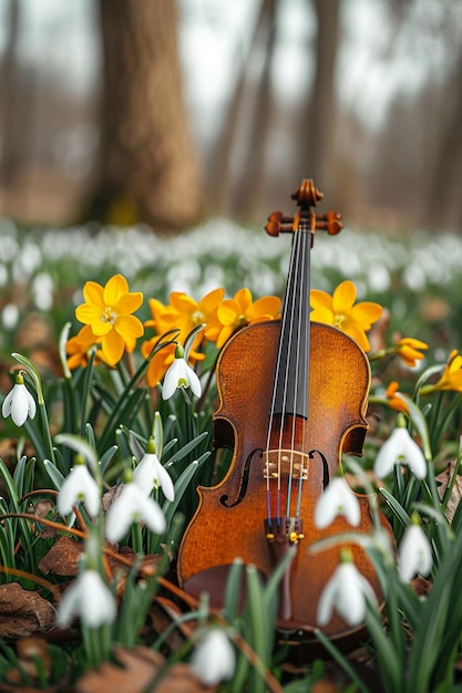 scena z strunami Martisor splecionymi między świeżo kwitnącymi kwiatami wiosennymi jak śnieżki i c