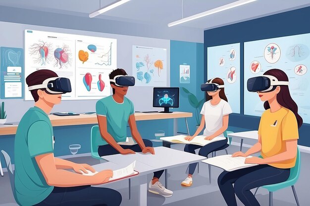 scena z uczniami używającymi symulacji wirtualnej rzeczywistości do studiowania ilustracji wektorowej ludzkiego układu endokrynologicznego w stylu płaskim