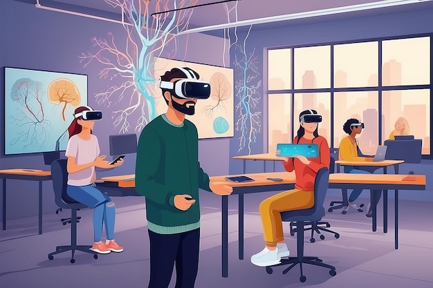 scena z uczniami używającymi symulacji wirtualnej rzeczywistości do zbadania ilustracji wektorowej ludzkiego układu nerwowego w płaskim stylu