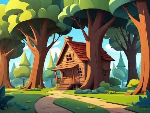 Scena z wioski z kreskówek biedny dom z naturalnym tłem