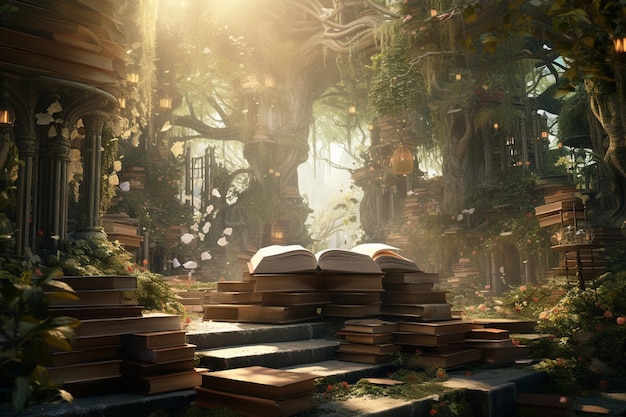 Scena z zaklętego lasu z magicznymi książkami Generative ai