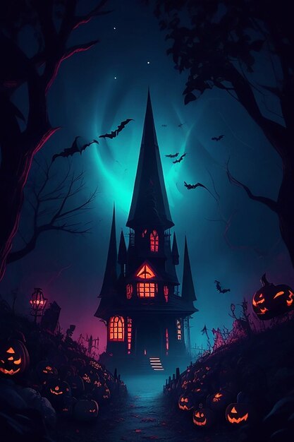 Scenariusz Halloween i ciemne tajemnicze światło, które oświetla ciemną noc pełną czerni i r