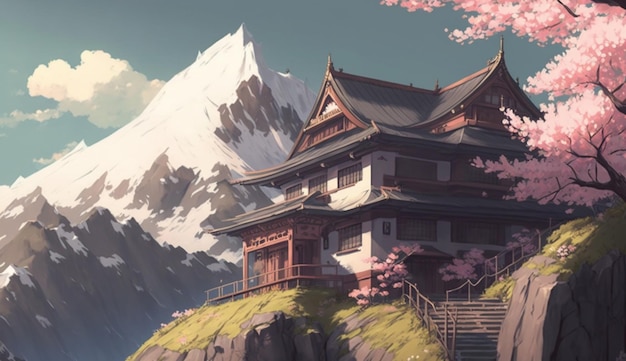 sceneria anime przedstawiająca górę z pagodą i mostem generatywnym AI
