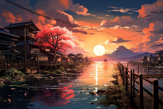 Zdjęcie sceneria anime przedstawiająca rzekę z mostem i łodzią w wodzie generatywną ai