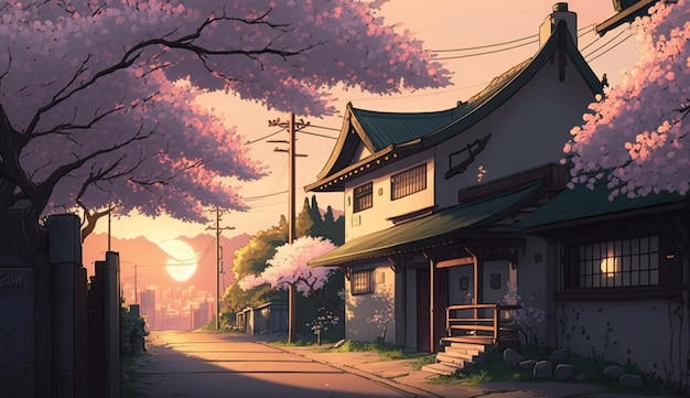 sceneria anime przedstawiająca ulicę z domem i drzewami w tle generatywną ai