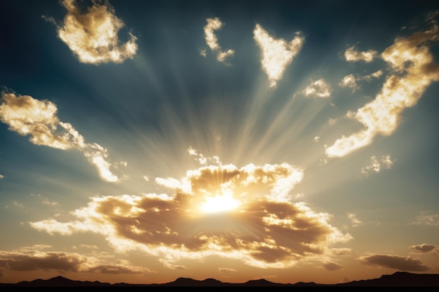 Sceneria z chmurami, niebem i promieniami słońca stworzona przy użyciu technologii generatywnej AI